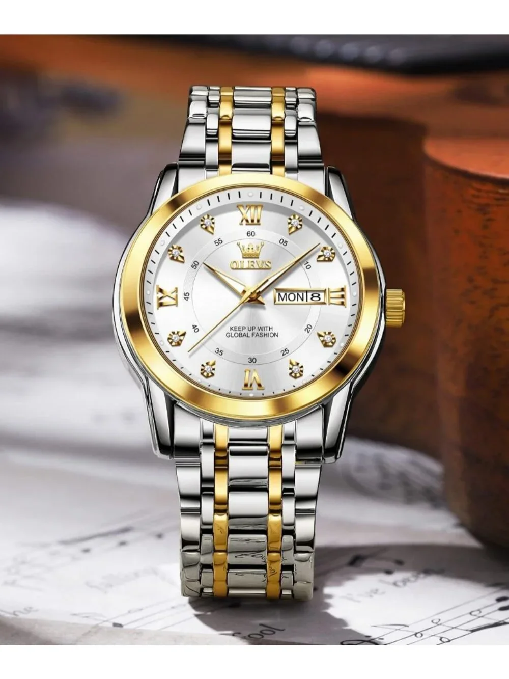 Olevs Men's Silver Gold Diamond Wrist Quartz Stainless Luminous Luxury Watch